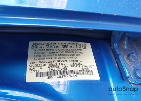 2007 Nissan Versa 1.8Sl from USA, damaged, VIN 3N1BC13E37L426309